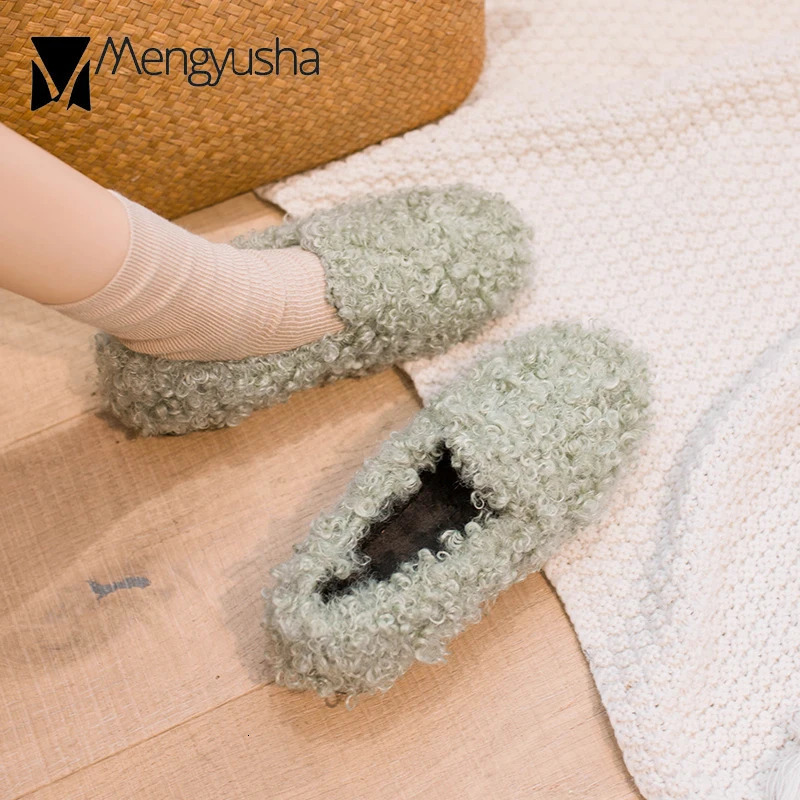 Woman woolen fur flats warm plush shoes women candy color fur loafers ballerina furry moccasins cozy lambswool flats 251023