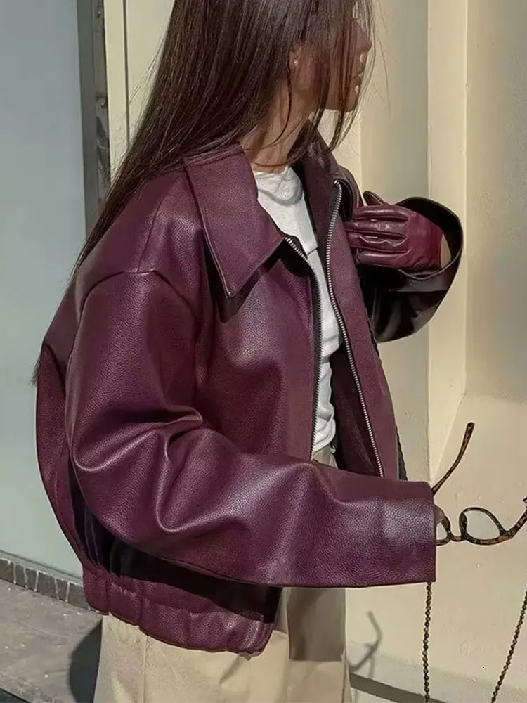 HH Wine Red Faux Leather Jakcet Fashion Outerwear Thicken Zipper Lapel Pu Coats Autumn Winter Streetwear Ladies Tops Women 251020