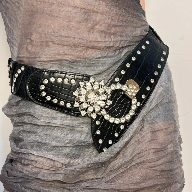 Rhinestone Splicing Wide Waistband Women Sexy Belts Bling Vintage Flower Punk Metal Buckle Y2K PU Leather Belt Skirt Accessories 251024