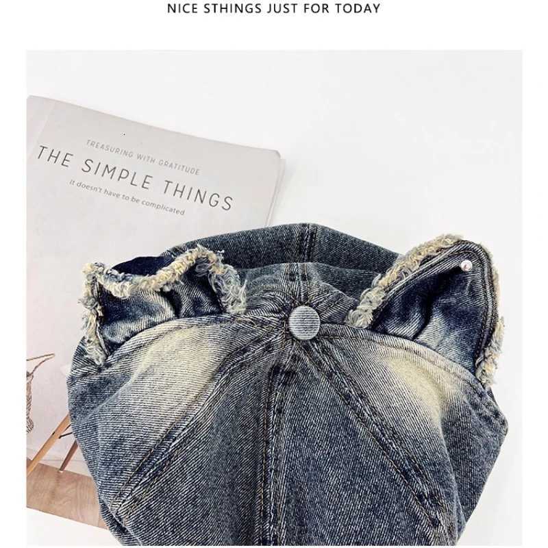 Janese Cute Cat Ear Flip Brim ed Denim Octagonal Newsboy C Wen Spring and Autumn Literary Large Version Berets Hat Y251025