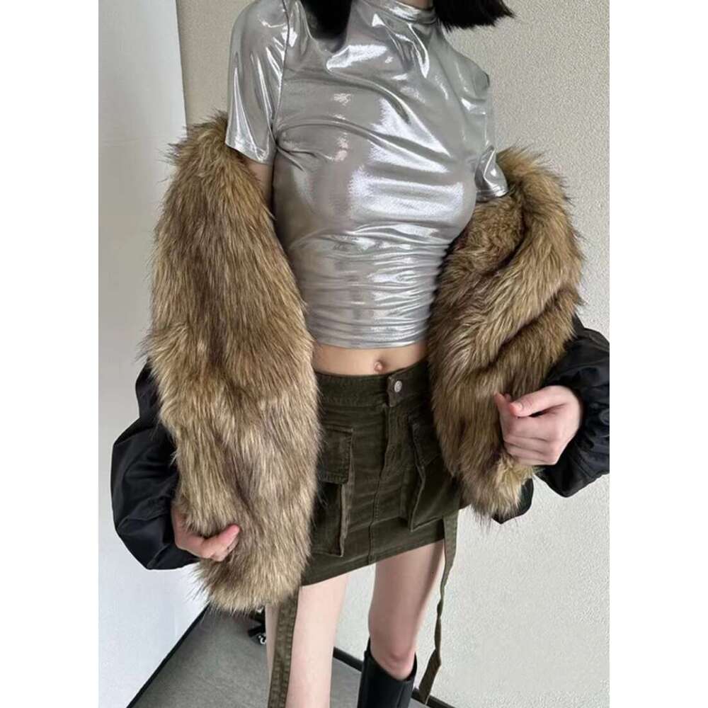 Jusahy Women Winter New Furry Solid Casual Street Chic Straight Classic Thicken Patchwork Turn Down Collar Padded Jacket NEW