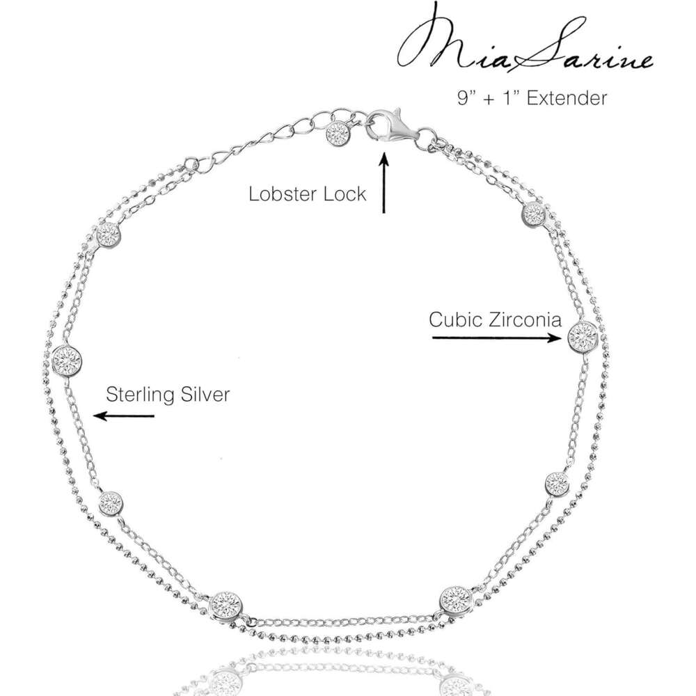Sterling Sier 10 Inch Cubic Zirconia Bezel Set Double Layered CZ by the Yard Station Anklet for Women