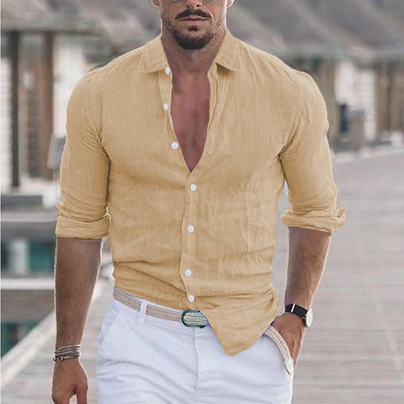 2025 New Men's Summer Cotton Linen Lapel Beach Shirt Long Sleeve Solid Color Hawaiian Holiday Clothing