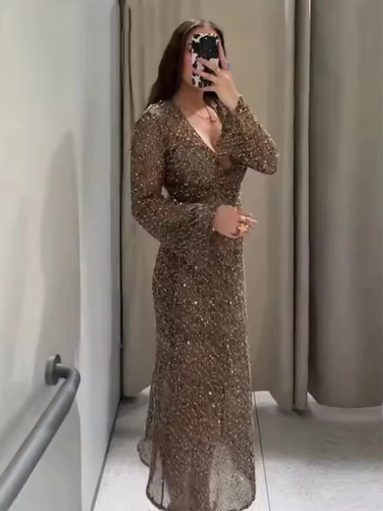 Sexy Sequined Long Pleated Dress Women Deep Vneck Full Sleeve See Through Dresses 2025 Summer Lady Party Evening Dresses 251023