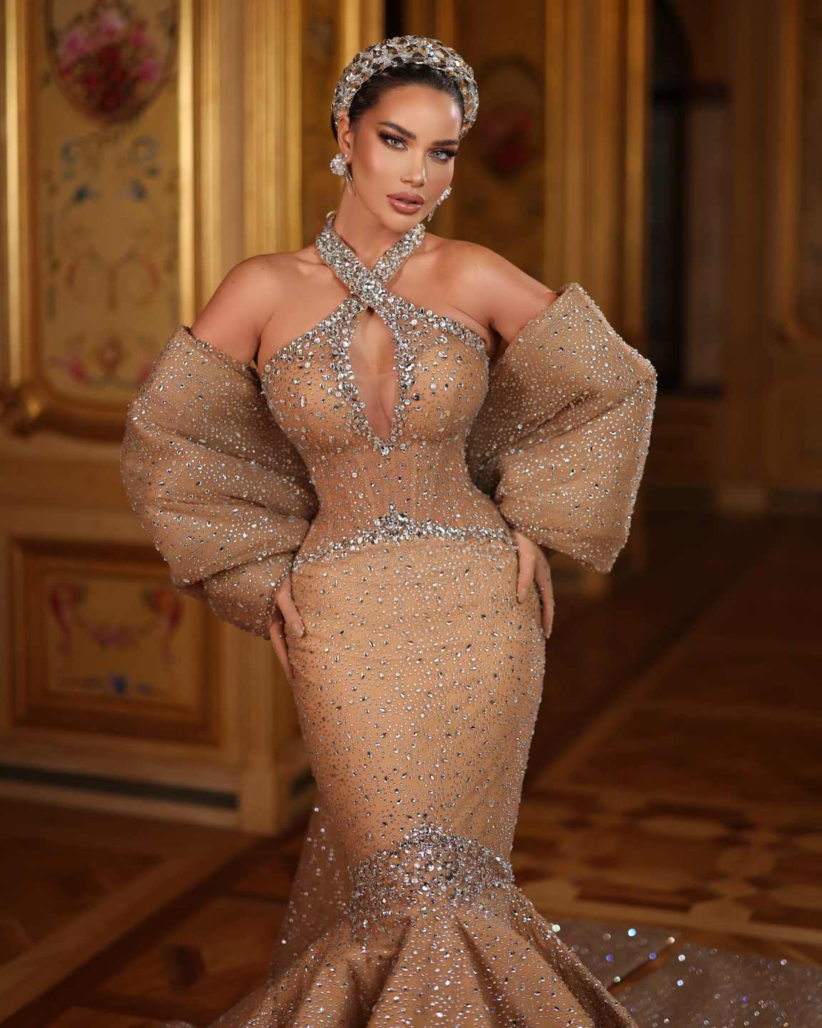 Luxury Mermaid Evening Dresses with Cape Halter Crystal Sequin Beading Dinner Party Prom Bride Gowns Customized