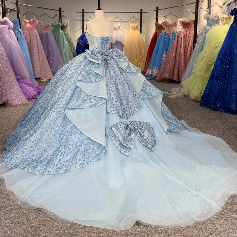 Sky Blue Quinceanera Dresses Ball Gown Off The Shoulder Applique Lace Beading Bow Corset Tiered Tull Party Birthday Sweet 16 Dress Vestidos 15 De Anos