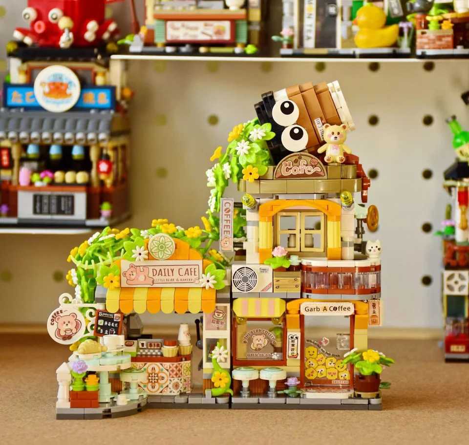 Little Bear Coffee House Mini Building Blocks Cute Panda Animal Tea House Building Blocks Set Childrens Street View Toys C251023