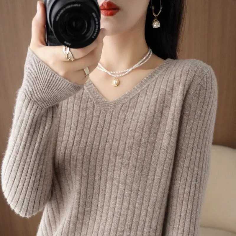Chic Casual Autumn Winter Basic Sweater Pullovers Women Vneck Solid Knit Loose Pullover Female Long Sleeve Warm Khaki SweaterT251025