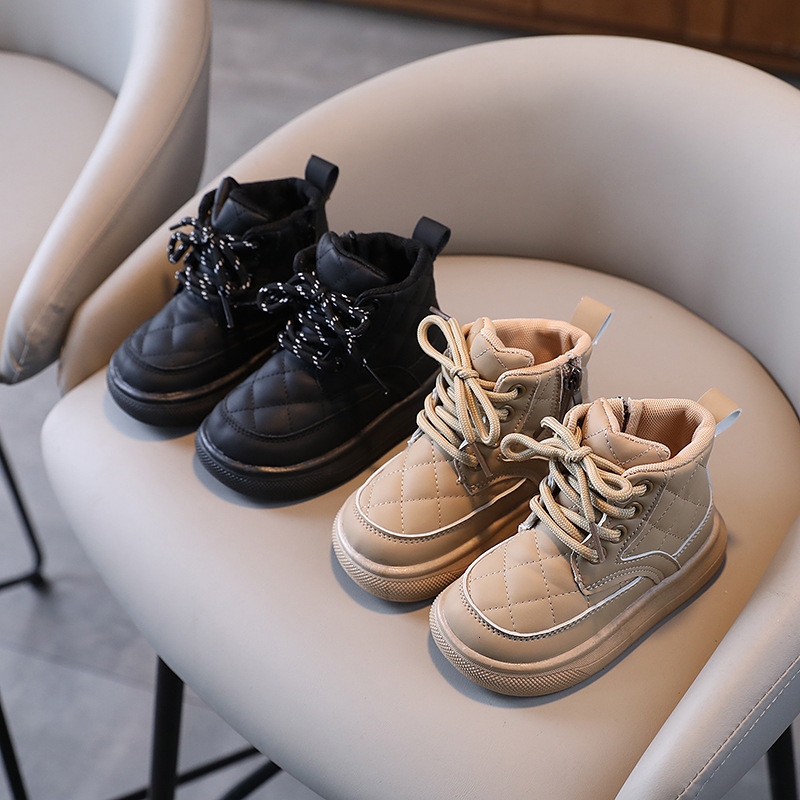 Children's Shoe Designer Autumn/Winter New Boys' Checkered Side Zipper Baby Single Boots Girls' Baby Cotton Boots Warm Shoes