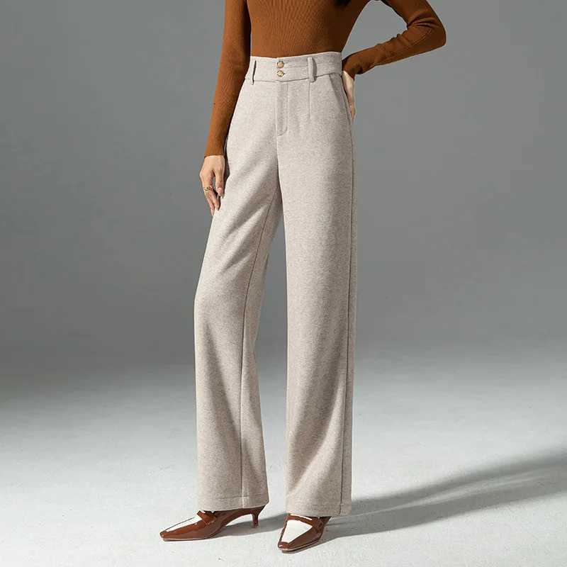 Womens Straight Leg Woolen Pants Thicken Warm Winter Autumn Office Lady Cotton Wool Long Trousers Plus SizeT251025