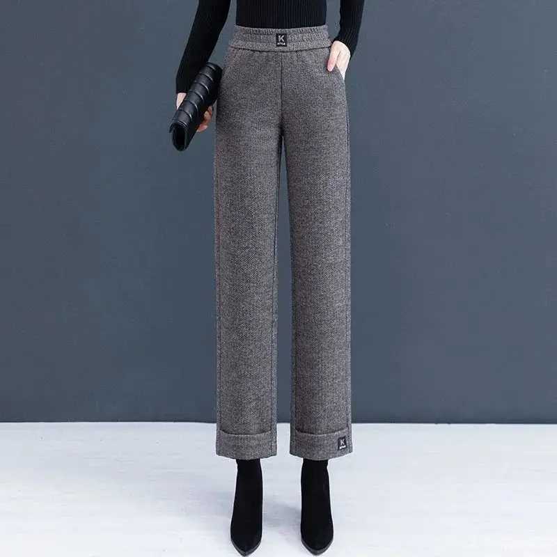 Simplicity Fashion Autumn Winter Woolen Pants Women Solid Pockets High Waist Plus Velvet Straight Wide Leg Ankle Length TrousersT251025