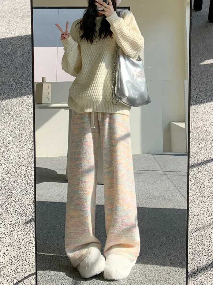 Velvet Rainbow Knitted Pants Womens Autumn Winter New High Waist Draping Pants Casual Straight Wide Leg Sweatpants Soft PlushT251025