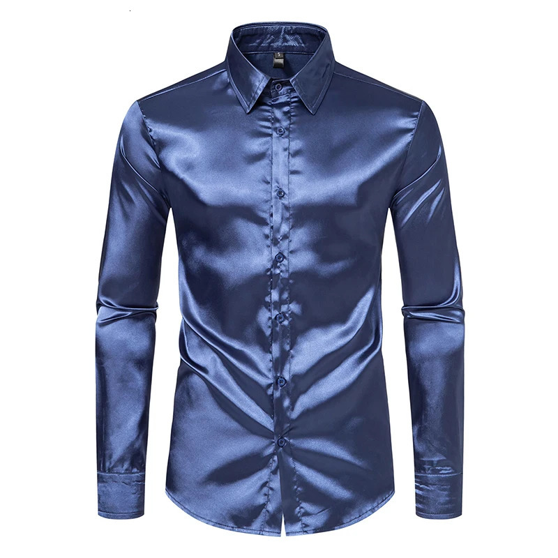Mens Black Satin Dress Shirts Fashion Silk Smooth Tuxedo Shirt Solid Wedding Party Prom Casual Shirt Business Office 251023