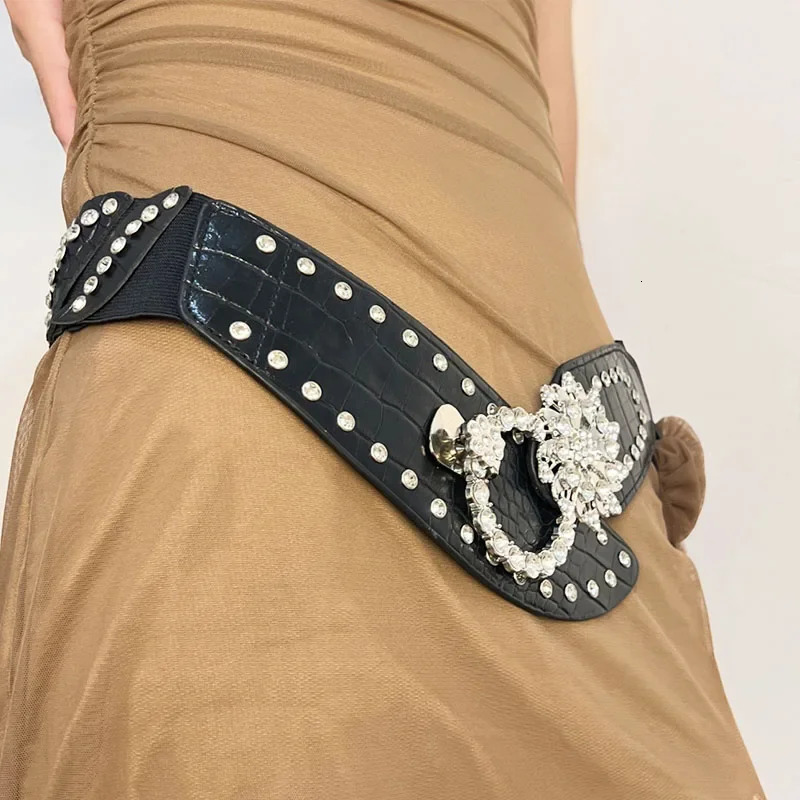 Women Sexy Rhinestone Belts Bling Vintage Flower Punk Metal Buckle Y2K Wide Waistband PU Leather Belt for Skirt Accessories 251024