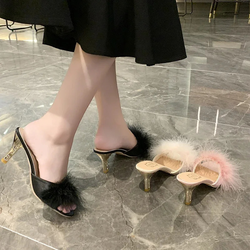 Large43 Mules Sandal Women Summer Outdoor Slippers Square Toe High Heels Office Ladies Feather Slides Chic Classics Furry Shoes 251023