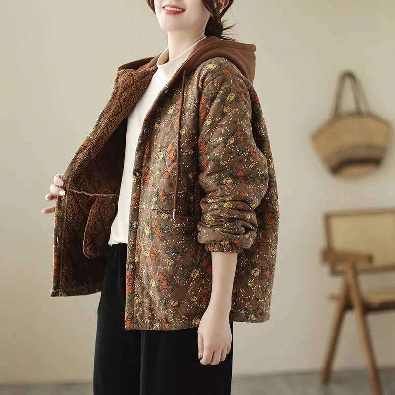 2025New Autumn Winter With Cotton-Padded Jacket Women Mid-Aged Mother Hooded Floral Plus Veet Warm Parkas Coat Female Coats Designer Women