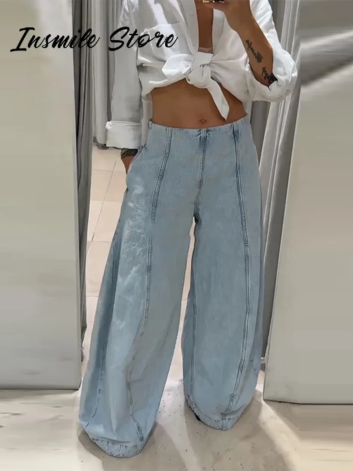 Chic Ripped Zipper Blue jeans Women Low Waist Pocket Female Wide Leg Denim Pants 2025 Autumn Loose Street Lady Trousers 251023