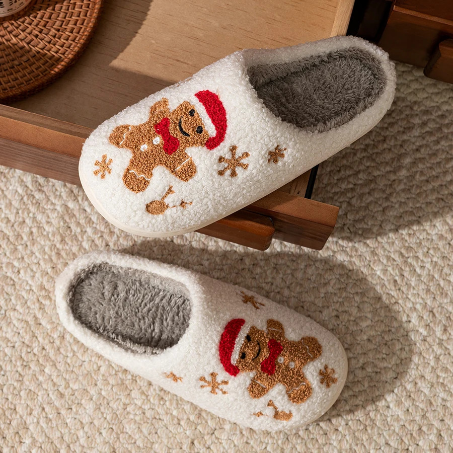 Womens Christmas Slippers Adorable Indoor Festival Gingerbread Man Embroidery Couple Fashion Winter Holiday Christmas Shoes251020