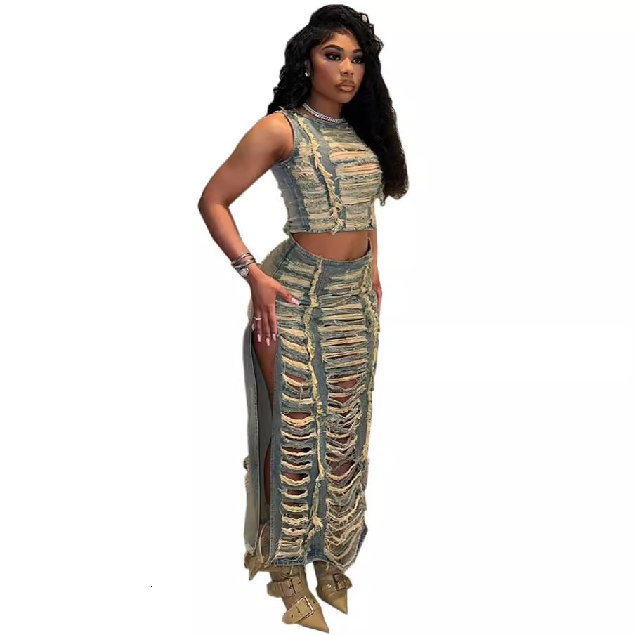 designer dress dresses for woman elegant women's set trendy personality handmade frayed vest slit denim skirt tracksuit women