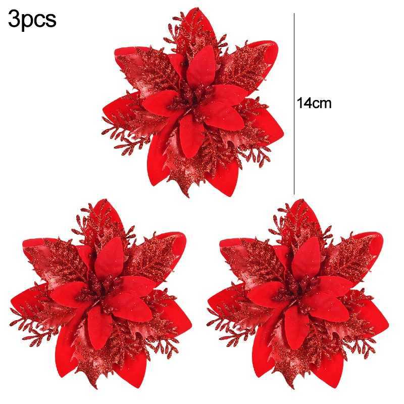 3Pcs 14cm Christmas Flowers Glitter Artificial Red Gold Flower Head Berry DIY Xmas Tree Ornament Decorations for Home New Year C251024