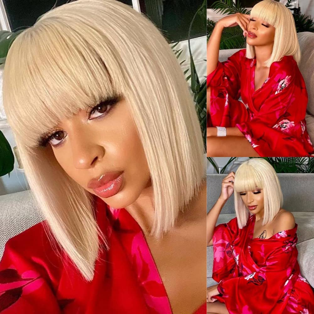 613 Blonde Bob Wig with Bangs Human Hair Silky Straight Glueless 8-16 Inch Short Hair for Women Daily Party Use