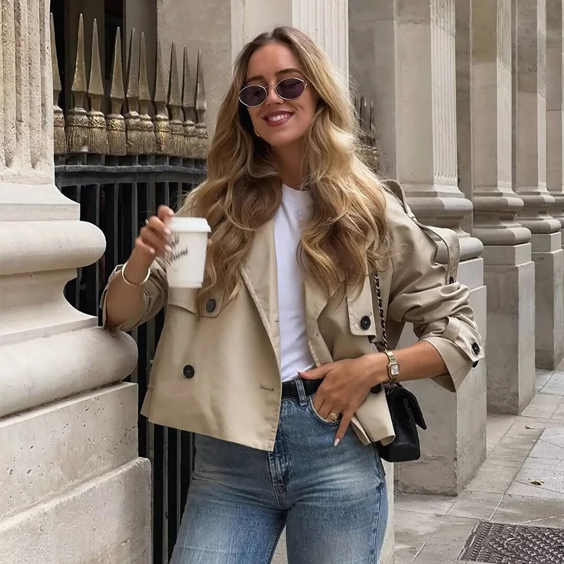 Womens Short Trench Coat Fashion Double Breasted Turndown Collar Long Sleeve Coats Autumn Vintage Female Outerwear Chic Tops 251024