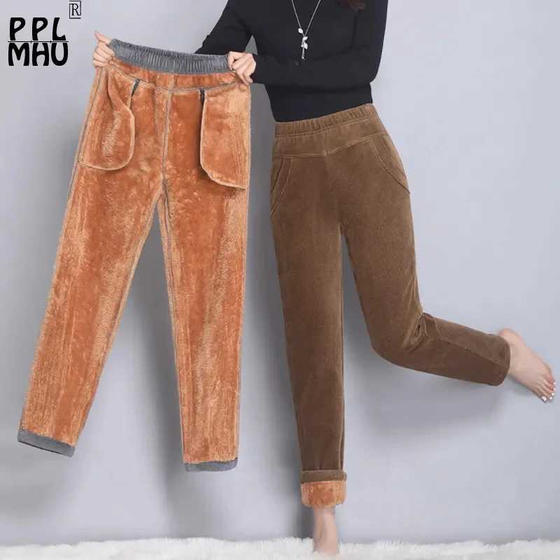 Casual Snow Wear Thick Warm Trousers Office Lady High Waist Stretch Fleece Bottoms Plus Velvet Corduroy Winter Pants Women BrownT251025