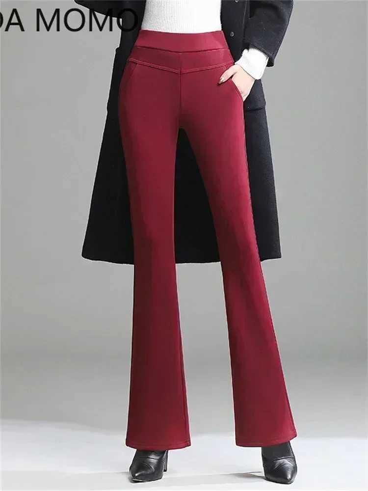 OL office winter warm thick fleece womens pants female high waist wide leg flare pants for women trousers womanT251025