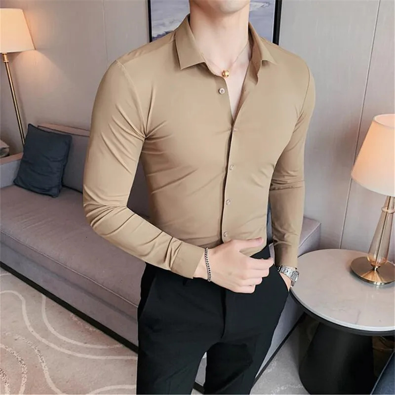 Plus Size 4XLM High Elasticity Seamless Shirts Men Long Sleeve Top Quality Slim Casual Shirt Social Formal Dress Shirts 251023