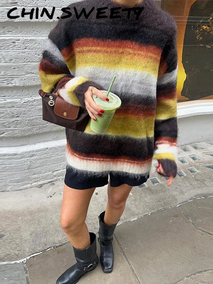 Casual Striped Knitted Fuzzy Sweater Women Cozy Loose Colorful Oneck Full Sleeves Pullover Sweaters Female Autumn Chic Lady Top 251023
