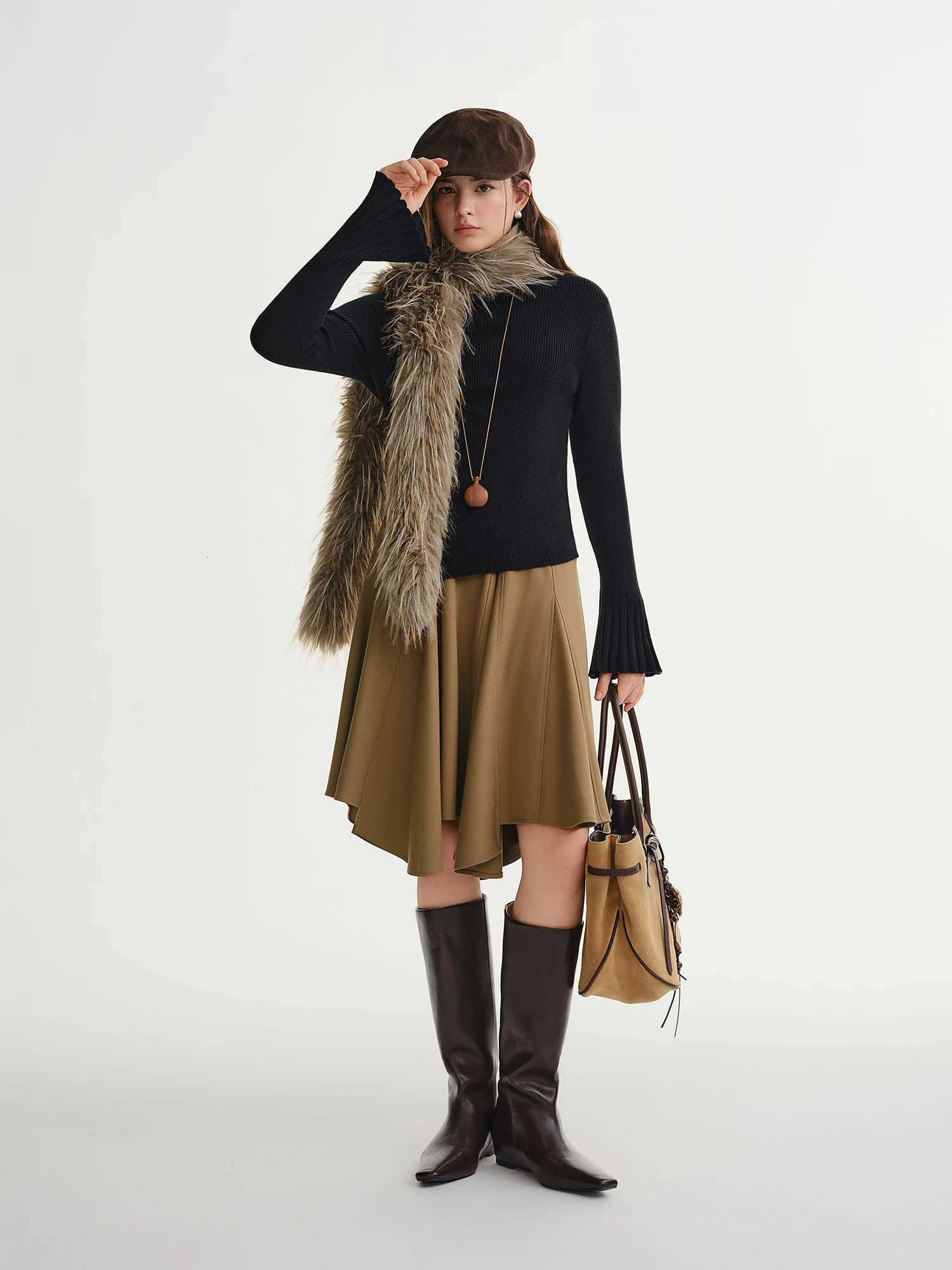 DUSHU Plus Size Womens Bell Sleeve Knit Sweater 2025 Winter Relaxed Fit Asymmetric Hem Mock Neck Soft Comfortable Casual TopT251025