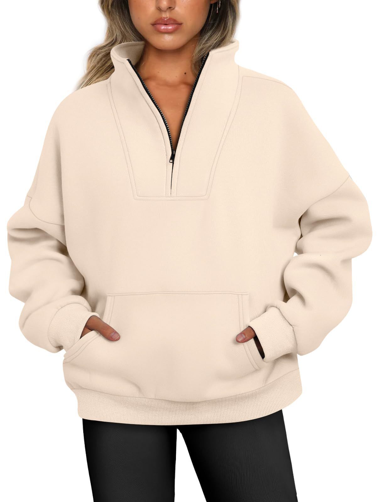 2025 Autumn Winter Stand Collar Solid Color Hoodie with Pockets and Zipper Women's Casual Loose Fleece Ribbed Top