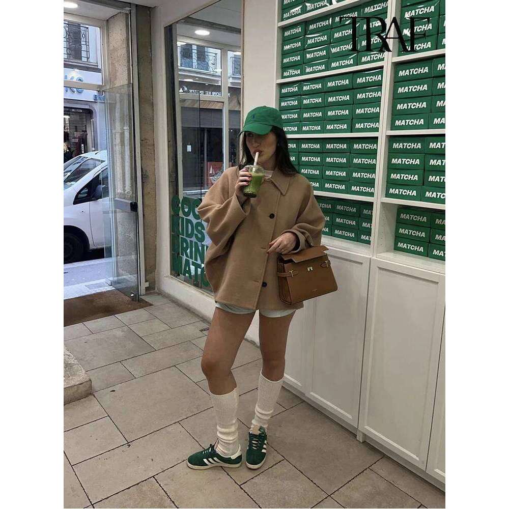 Women S Casual Vintage Khaki Bat Sleeve Lapel Warm Tweed Autumn And Winter Fashion Loose Single Breasted Coat