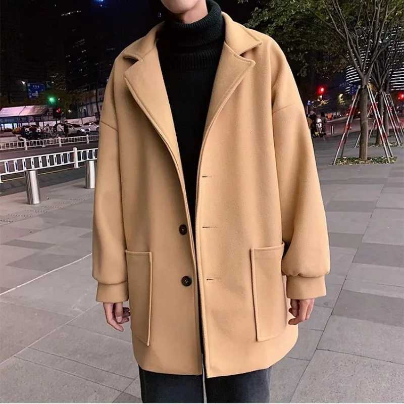 Woolen coat mens autumn and winter lamb wool thick solid color versatile suit collar jacket trendy couple mid length windbreakeT251025