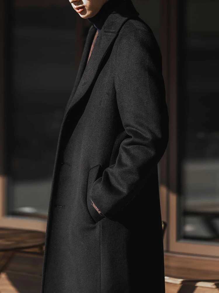 Mauroicardi Autumn Winter Long Warm Black Trench Coat Men Single Breasted Luxury Wool Blends Overcoat 2022 High Quality ClothingT251025