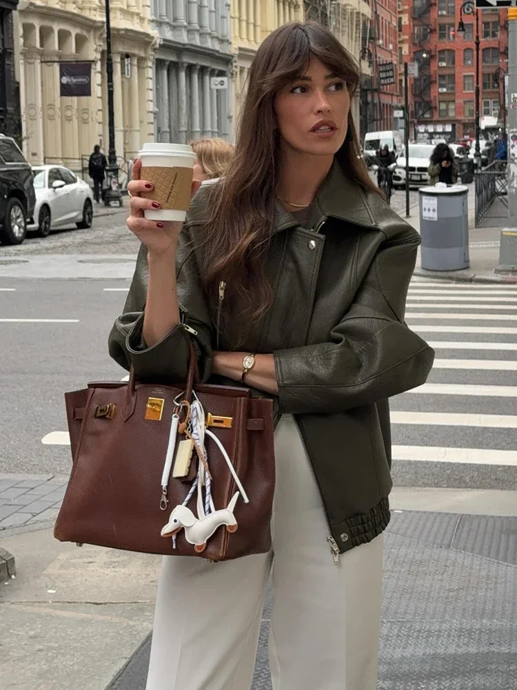 Army Green Pu Leather Bomber Jacket Women Vintage Loose Long Sleeve Zipper Pockets Coat Lady Daily Street Outerwears 251020