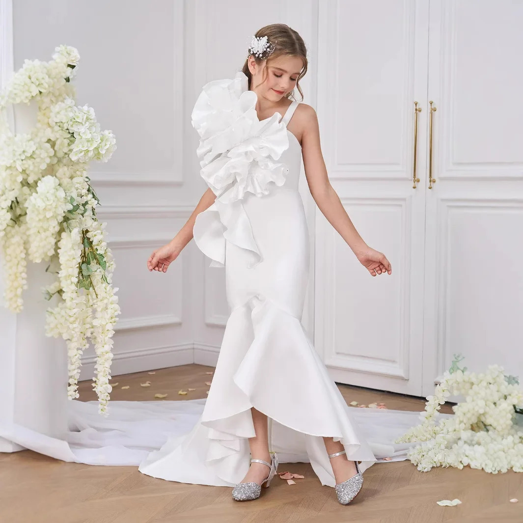 White Satin Princess Dress with Bow Asymmetrical Mermaid Gown with Ruffle Bustier for Flower Girls Banquets and Birthday Parties 251023
