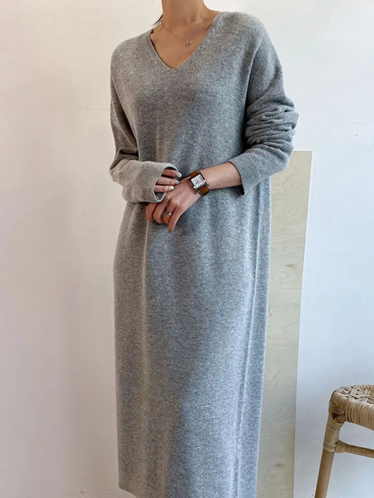 Long Sweater Dress Women Autumn Winter V Neck Knitted Loose Women Maxi Cashmere Dress Korean Style Elegant Dresses 251023