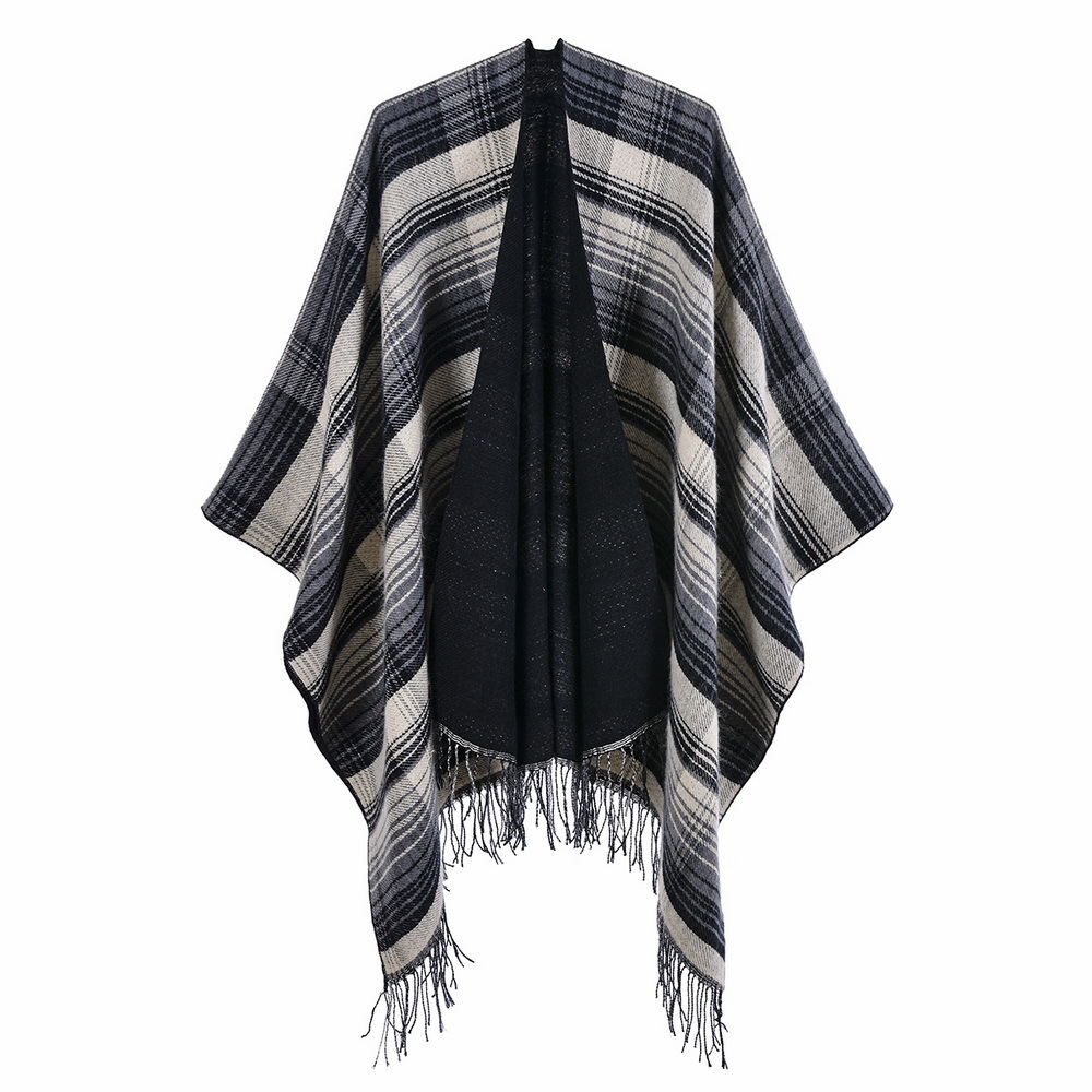 Scottish Classic Colorful Plaid Shawl Cape Imitation Cashmere Tassel Thickened Warm Split Shawl
