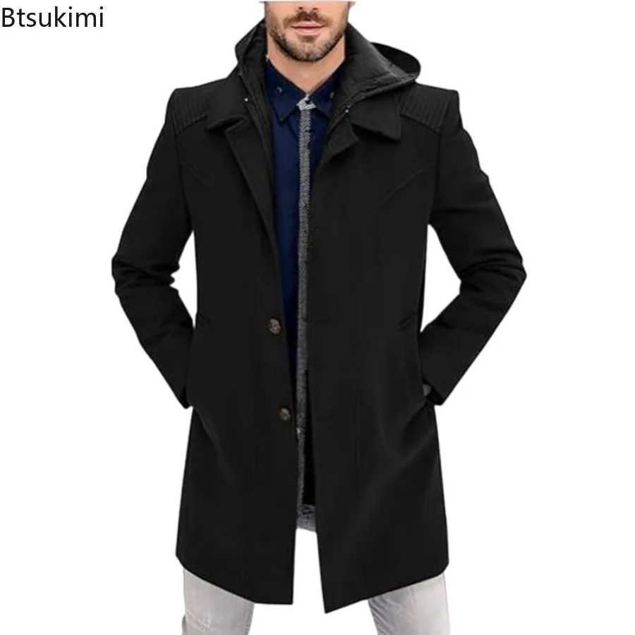 New 2025 Mens Autumn Winter Warm Woolen Jackets Fake Two Pieces Hooded Trench Coats Single Breasted Windbreaker Jackets MaleT251025