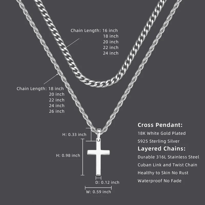RAPRGOLD 925 Sterling Silver Cross Pendant Necklace for Men and Women Doublelayered Cuban Rope Chain Fine Jewelry Gifts collares 251013