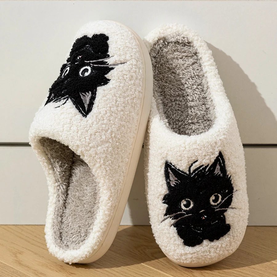 Winter Womens Slippers Indoor Cartoon Black Cat Cute Girls Slipper Bedroom Antislip Soft Sole Comfortable Cotton Homeshoes251020