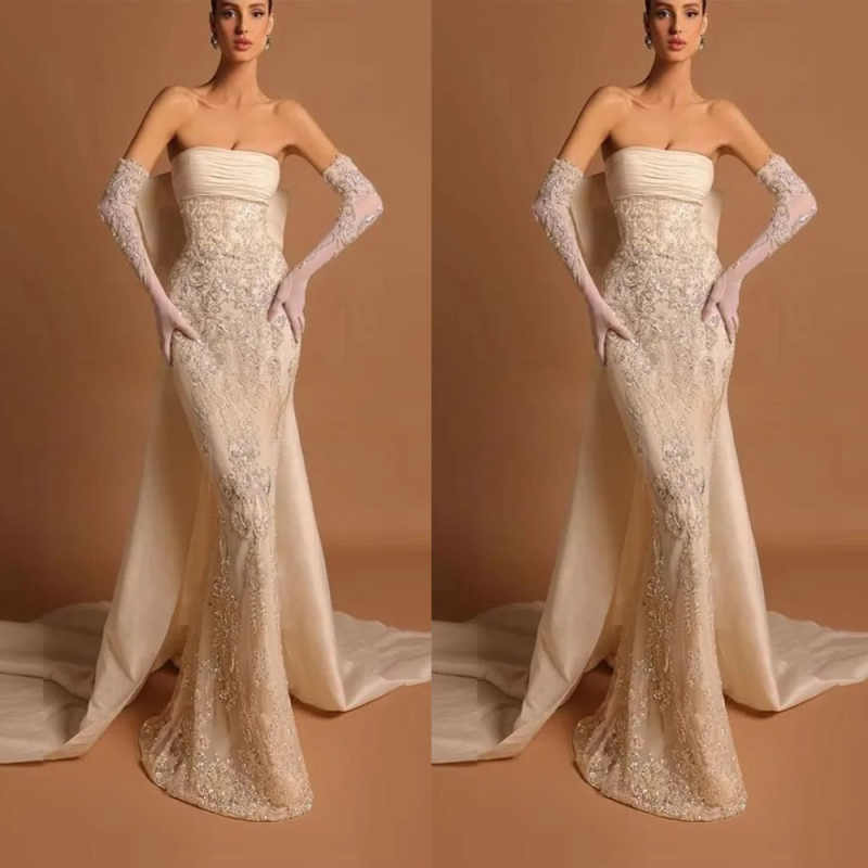 Sparkling Beaded Straight Long Wedding Dress Graceful Satin Strapless Bridal Gown Customized Sexy Sleeveless Dresses For Bride