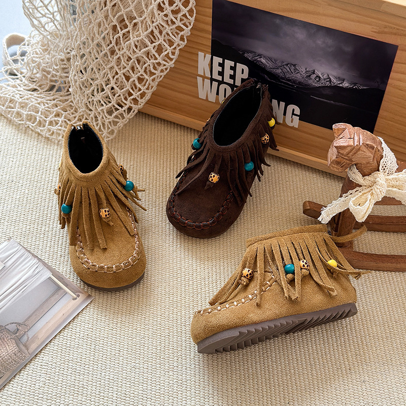 Retro fashion designer princess children's shoes, girls' tassel boots, girls' boots, velvet short boots, girls' autumn and winter 