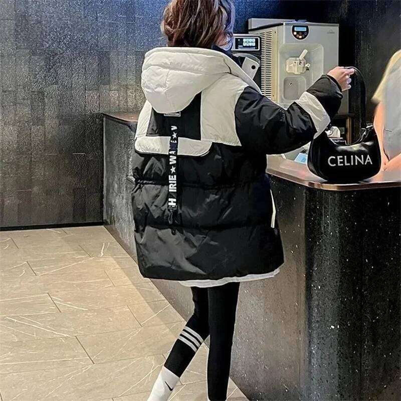 Black Medium Long Parker Cotton Jacket Women's Winter 2025 New Korean Version Loose Down Cotton Splicing Hooded Coat Warm Top