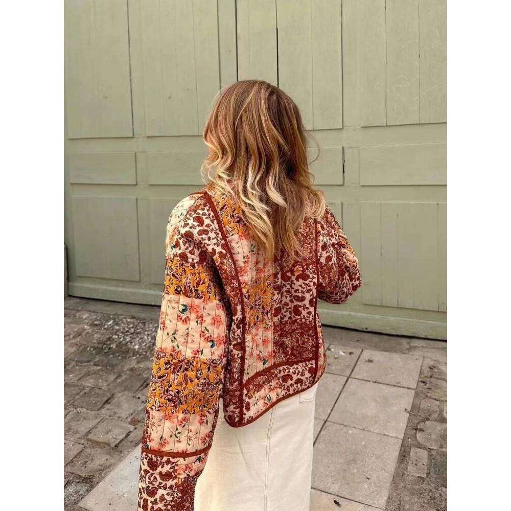 New Autumn Vintage Print Patchwork Cotton Woman Coats Casual Loose Full Sleeve Short Jackets Winter Female Outerwear
