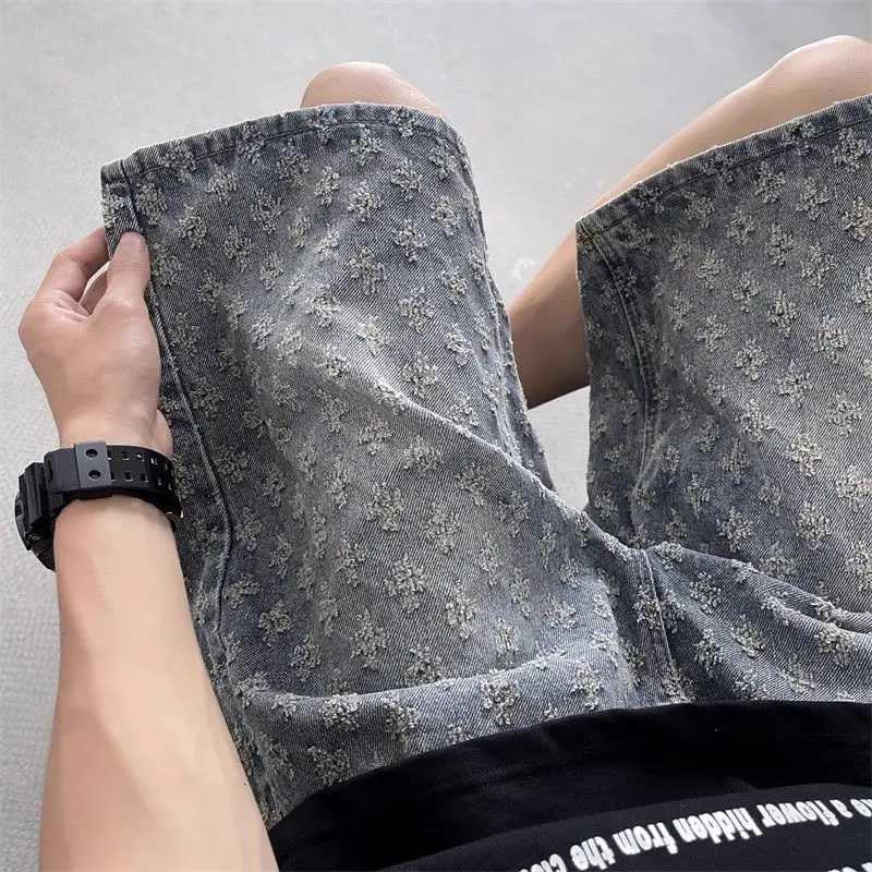 American retro fashion design ripped denim shorts for men summer trendy brand high street fashion retro trendy brand midpantsXJ251025