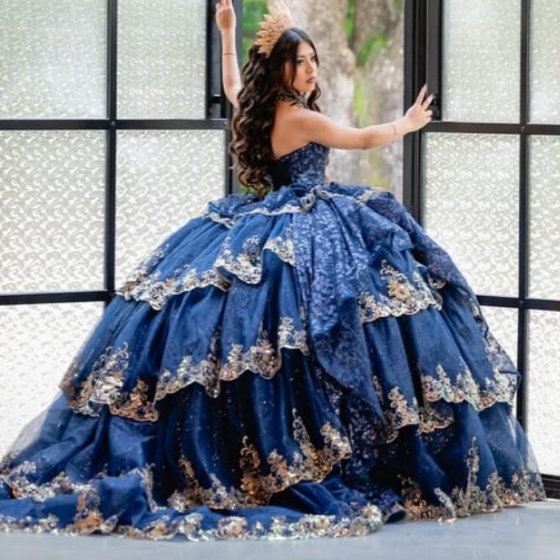 Navy Blue Shiny Quinceanera Dresses Ball Gown Off The Shoulder Applique Lace Beading Crystal Corset Party Birthday Sweet 16 Dress Vestidos 15 De Anos