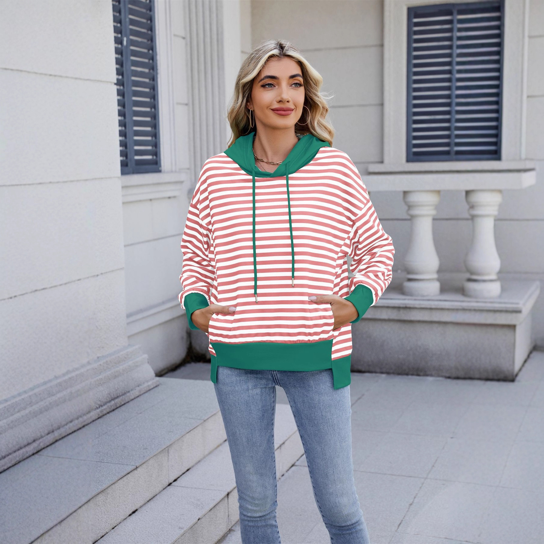2025 Autumn and Winter New Loose Casual ColorBlock Striped Hoodie Sweatshirt for Women
