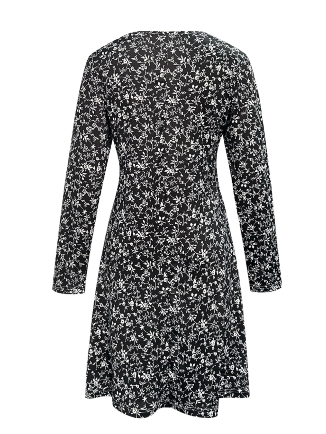 Autumn Winter New Women's Floral Printed Versatile Vacation Style Small Floral Elegant Dress, Milk Silk Black Dress, S-XXL--CF43271